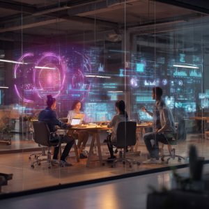 Vier Menschen sitzen um einen Tisch herum und arbeiten an Computer.